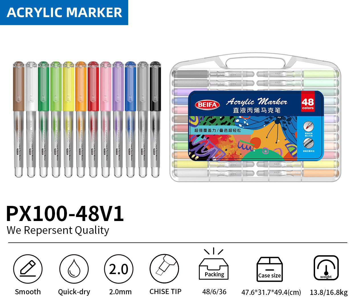 BEIFA PX100 Acrylic Marker Set 2.0mm Chisel Tip Multi-Color Paint Pens Wholesale | Mix Bulk