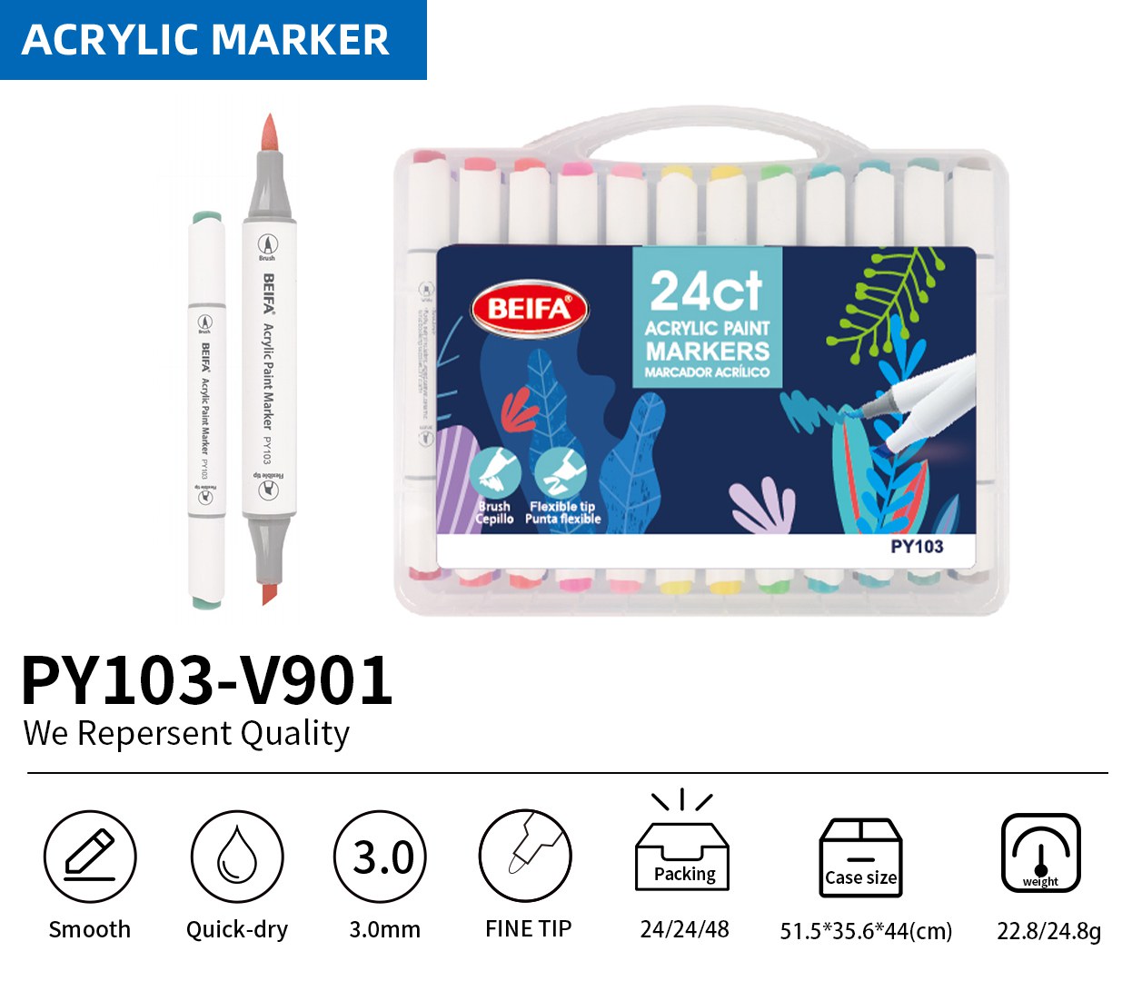 BEIFA PY103 Dual Tip Acrylic Marker Set Multi-Color Paint Pens Wholesale | Mix Bulk