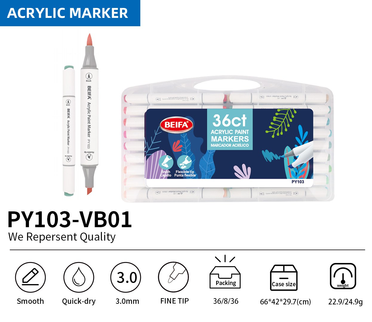 BEIFA PY103 Dual Tip Acrylic Marker Set Multi-Color Paint Pens Wholesale | Mix Bulk