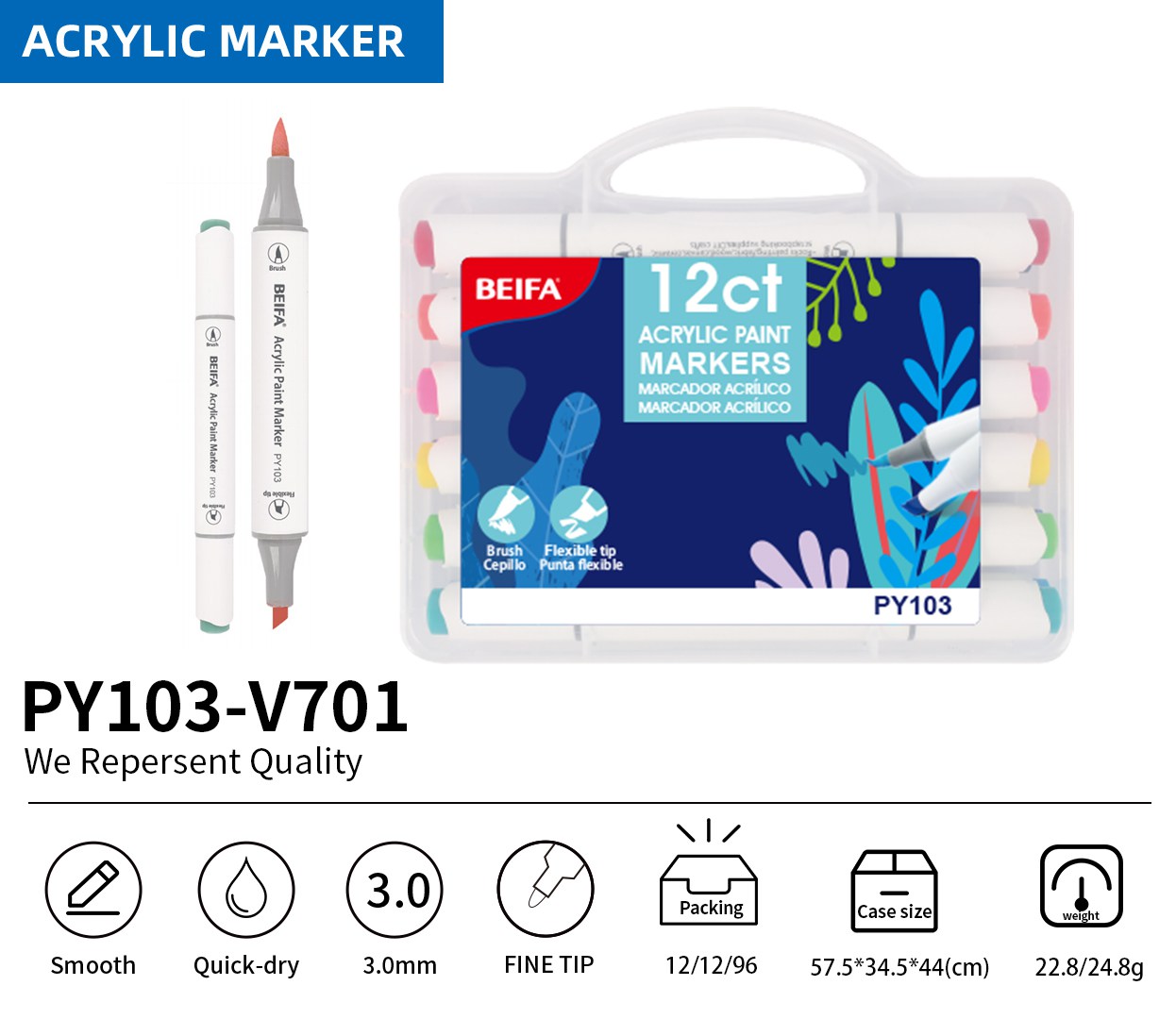 BEIFA PY103 Dual Tip Acrylic Marker Set Multi-Color Paint Pens Wholesale | Mix Bulk