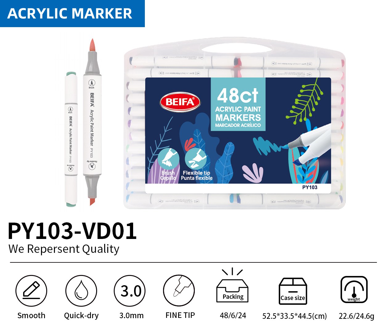 BEIFA PY103 Dual Tip Acrylic Marker Set Multi-Color Paint Pens Wholesale | Mix Bulk