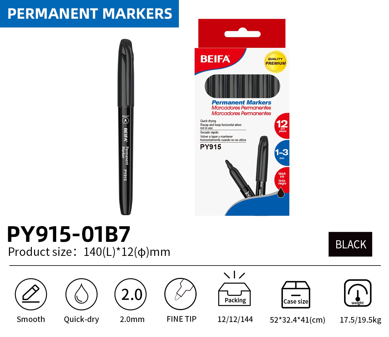 BEIFA PY915 Permanent Markers | 2.0mm Fine Tip, Quick-Dry & Waterproof | Black, Blue, Red, Green, Yellow, Pink, Purple | Mix Bulk Ready to Ship