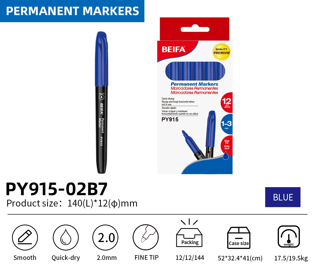 BEIFA PY915 Permanent Markers | 2.0mm Fine Tip, Quick-Dry & Waterproof | Black, Blue, Red, Green, Yellow, Pink, Purple | Mix Bulk Ready to Ship