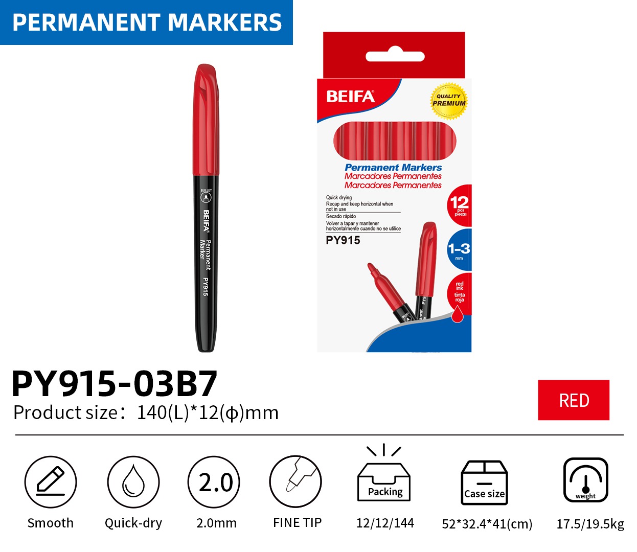 BEIFA PY915 Permanent Markers | 2.0mm Fine Tip, Quick-Dry & Waterproof | Black, Blue, Red, Green, Yellow, Pink, Purple | Mix Bulk Ready to Ship
