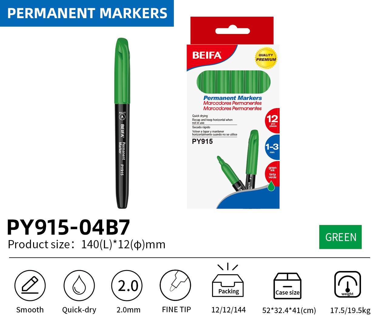 BEIFA PY915 Permanent Markers | 2.0mm Fine Tip, Quick-Dry & Waterproof | Black, Blue, Red, Green, Yellow, Pink, Purple | Mix Bulk Ready to Ship