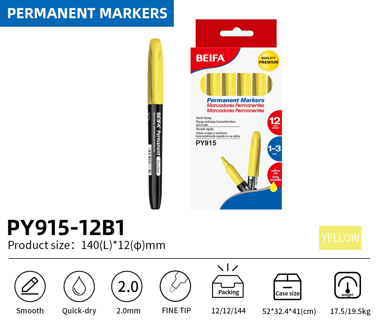 BEIFA PY915 Permanent Markers | 2.0mm Fine Tip, Quick-Dry & Waterproof | Black, Blue, Red, Green, Yellow, Pink, Purple | Mix Bulk Ready to Ship