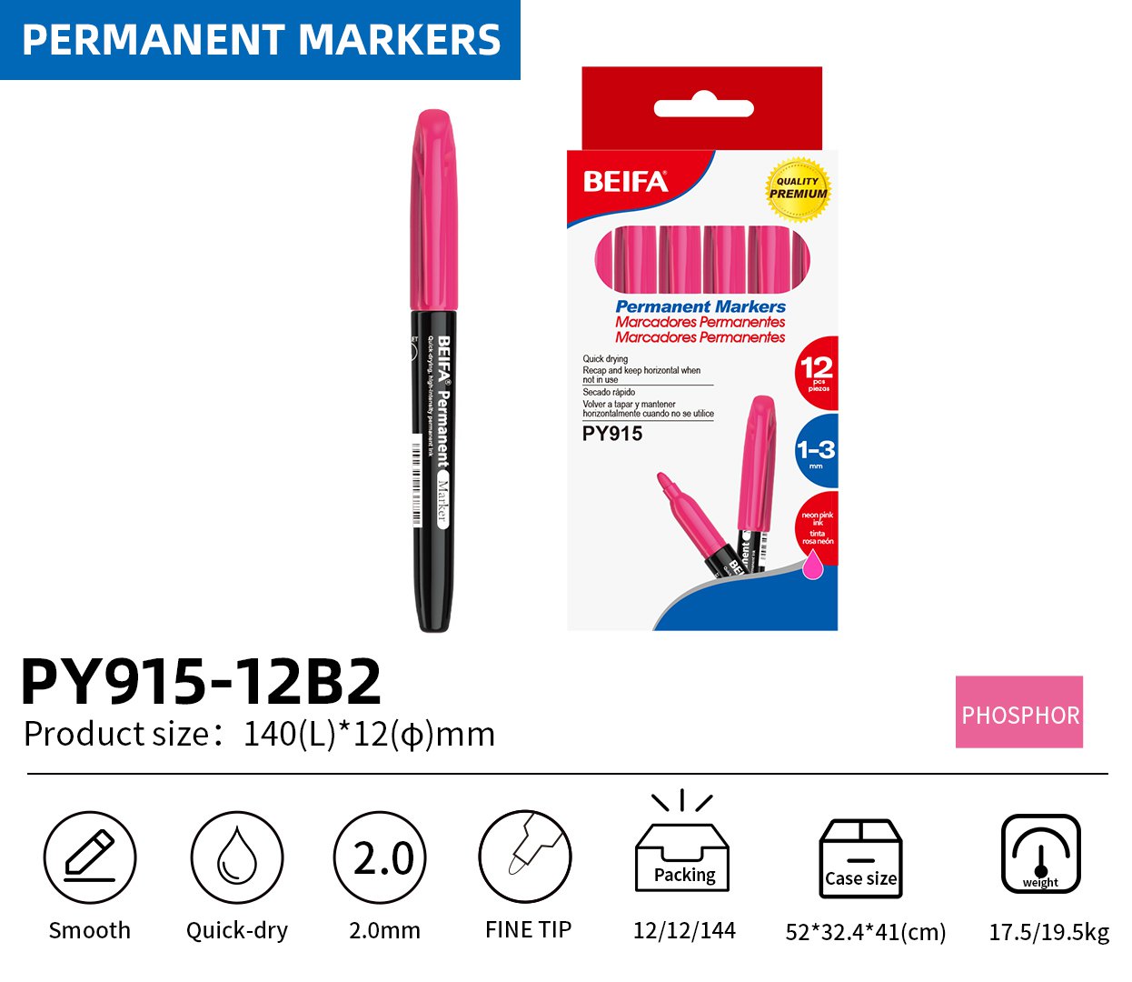 BEIFA PY915 Permanent Markers | 2.0mm Fine Tip, Quick-Dry & Waterproof | Black, Blue, Red, Green, Yellow, Pink, Purple | Mix Bulk Ready to Ship