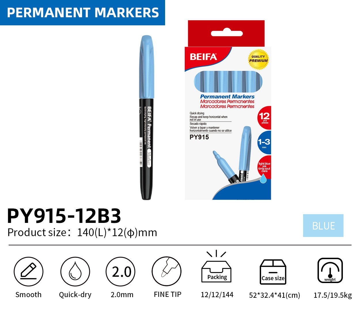 BEIFA PY915 Permanent Markers | 2.0mm Fine Tip, Quick-Dry & Waterproof | Black, Blue, Red, Green, Yellow, Pink, Purple | Mix Bulk Ready to Ship