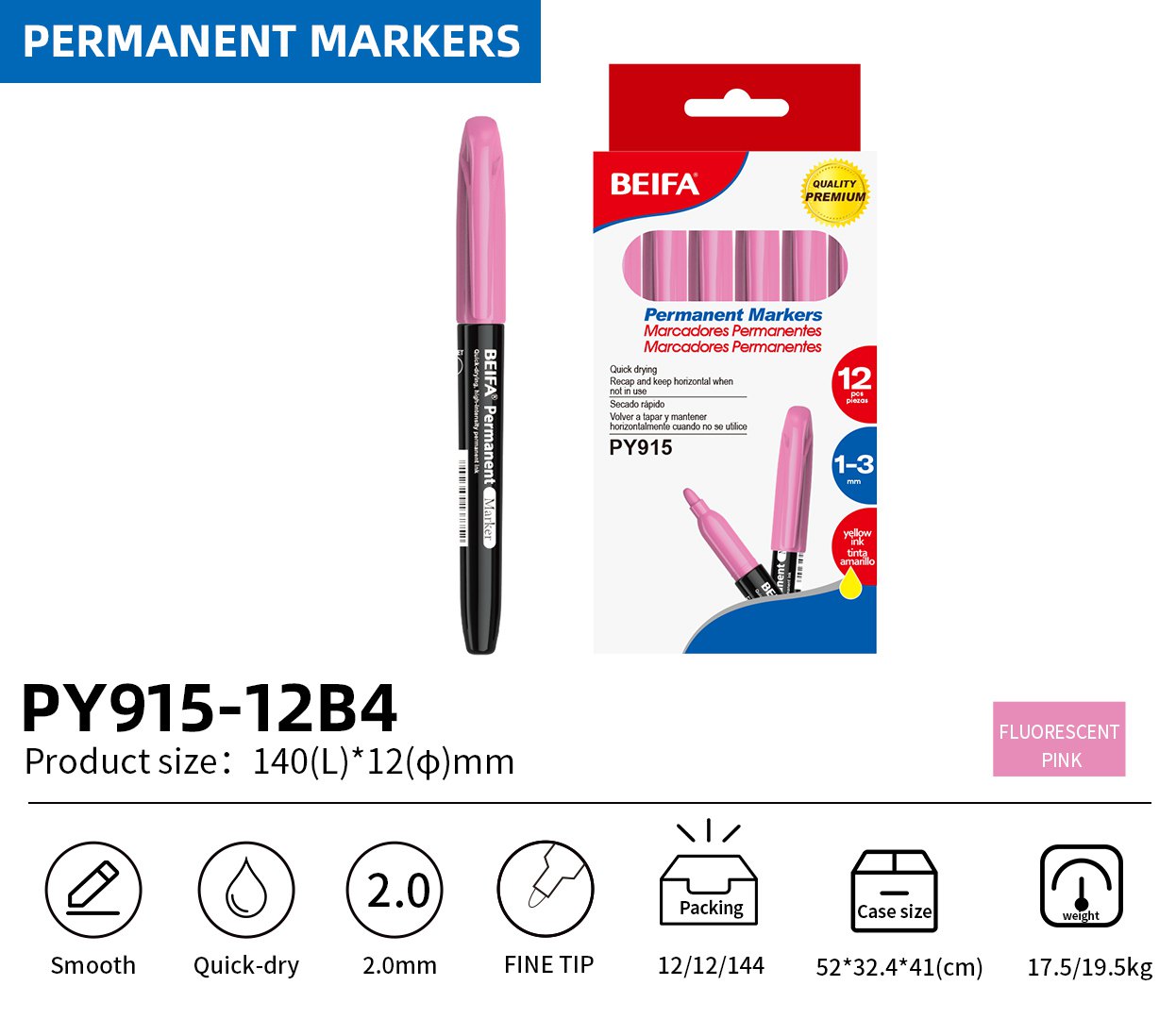 BEIFA PY915 Permanent Markers | 2.0mm Fine Tip, Quick-Dry & Waterproof | Black, Blue, Red, Green, Yellow, Pink, Purple | Mix Bulk Ready to Ship