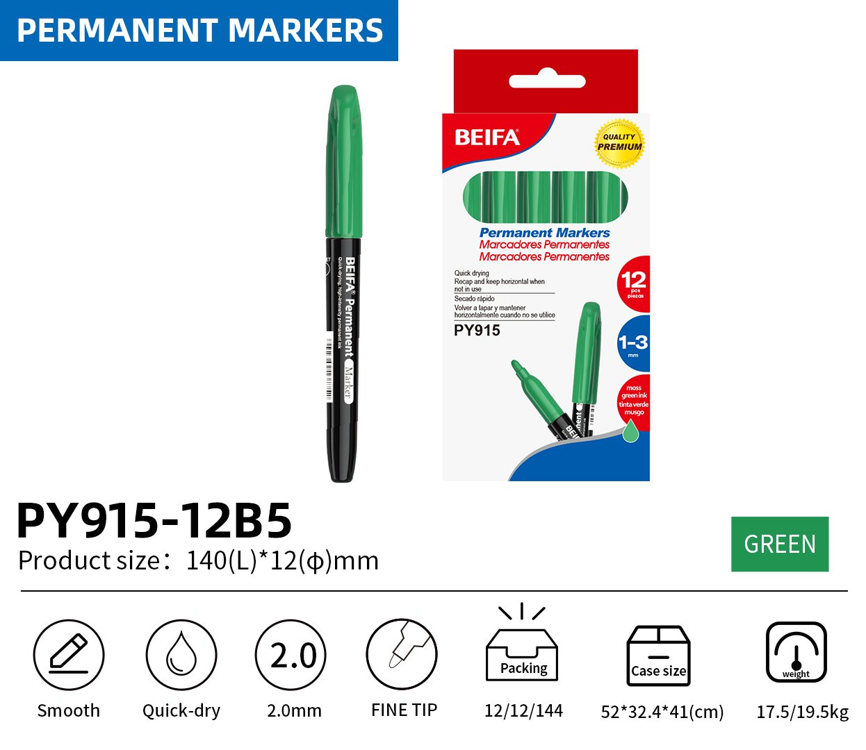 BEIFA PY915 Permanent Markers | 2.0mm Fine Tip, Quick-Dry & Waterproof | Black, Blue, Red, Green, Yellow, Pink, Purple | Mix Bulk Ready to Ship