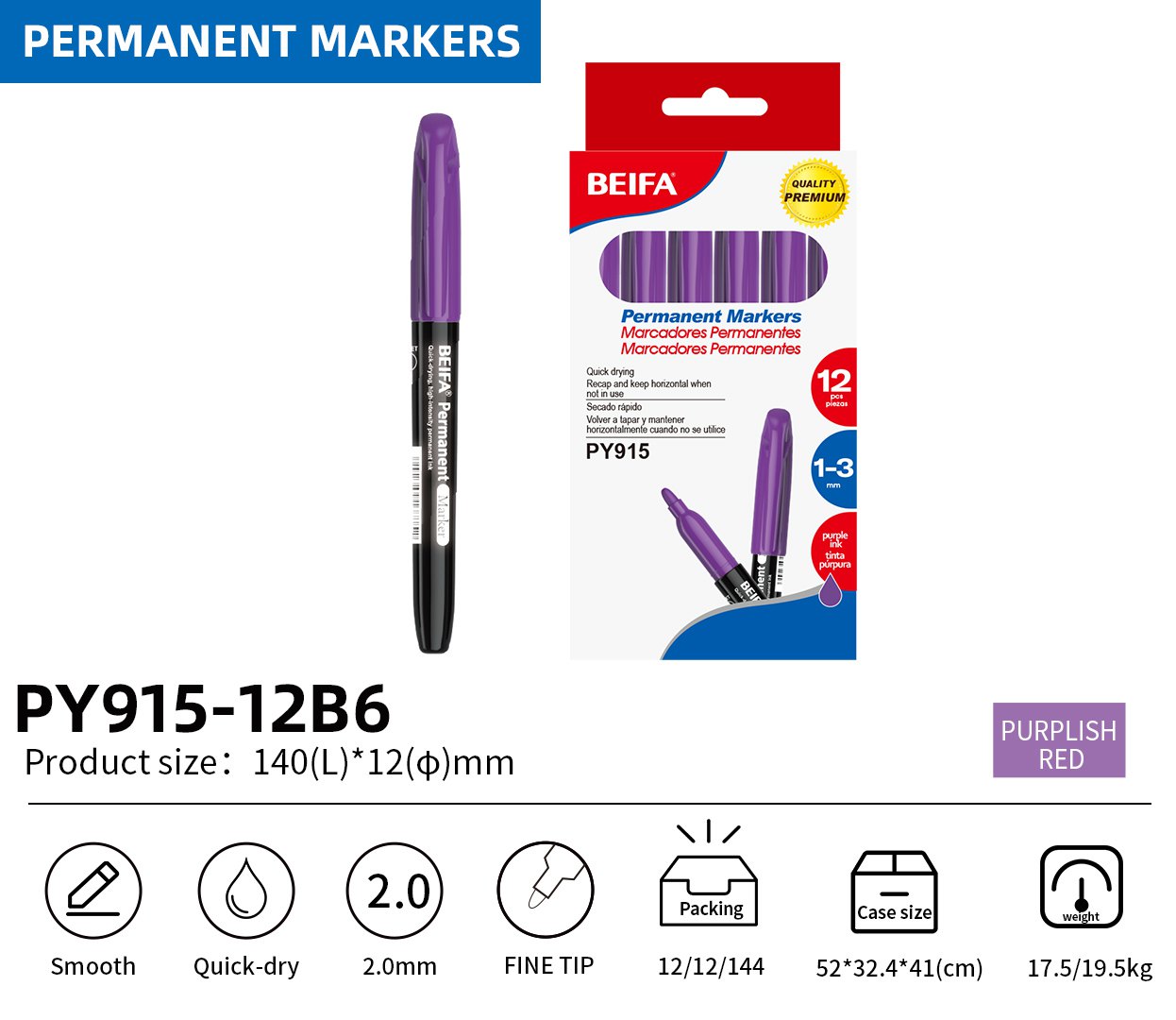 BEIFA PY915 Permanent Markers | 2.0mm Fine Tip, Quick-Dry & Waterproof | Black, Blue, Red, Green, Yellow, Pink, Purple | Mix Bulk Ready to Ship