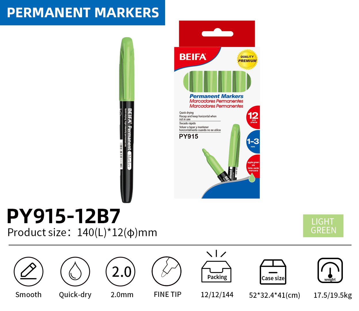 BEIFA PY915 Permanent Markers | 2.0mm Fine Tip, Quick-Dry & Waterproof | Black, Blue, Red, Green, Yellow, Pink, Purple | Mix Bulk Ready to Ship