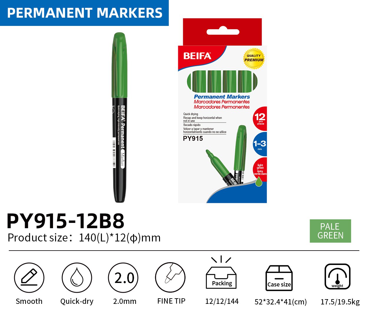 BEIFA PY915 Permanent Markers | 2.0mm Fine Tip, Quick-Dry & Waterproof | Black, Blue, Red, Green, Yellow, Pink, Purple | Mix Bulk Ready to Ship