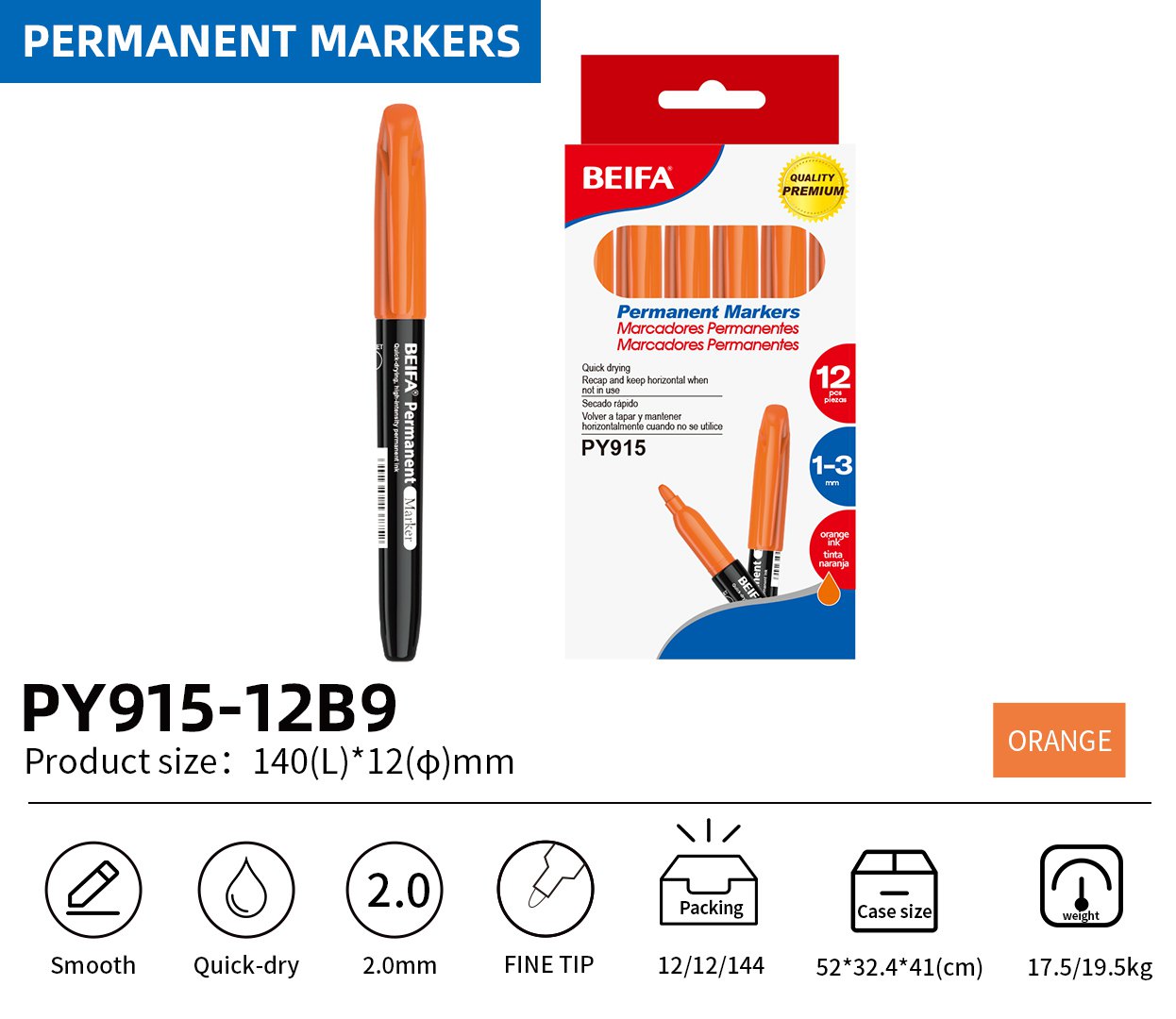 BEIFA PY915 Permanent Markers | 2.0mm Fine Tip, Quick-Dry & Waterproof | Black, Blue, Red, Green, Yellow, Pink, Purple | Mix Bulk Ready to Ship