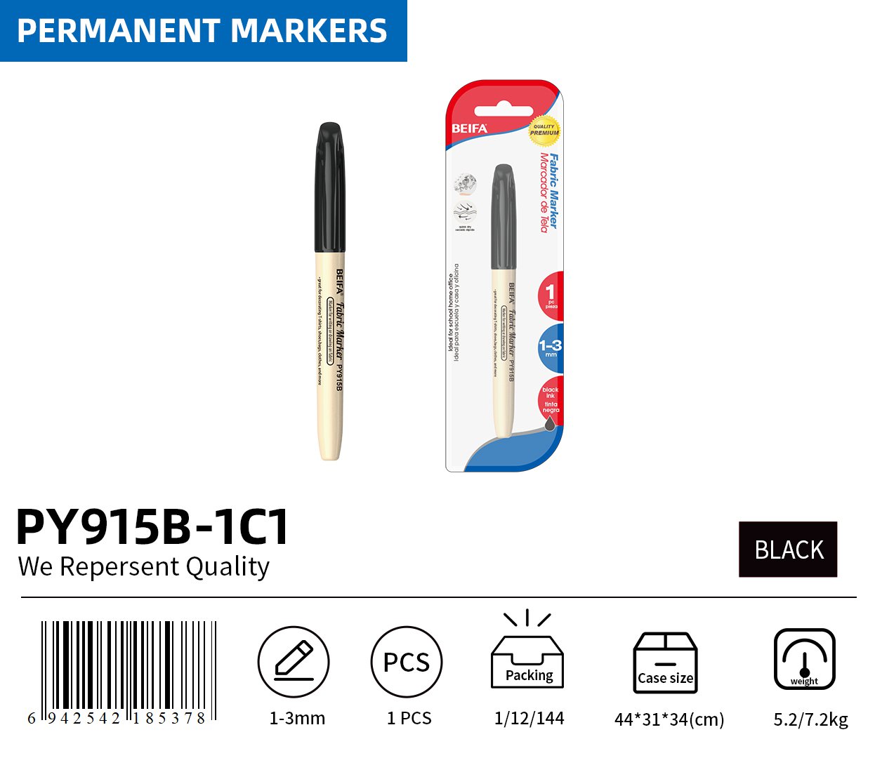 BEIFA PY915B Fabric Markers | 1-3mm Tip, Washable & Permanent on Cloth | Black, Blue, Red, Green, Yellow, Orange | Mix Bulk Ready to Ship