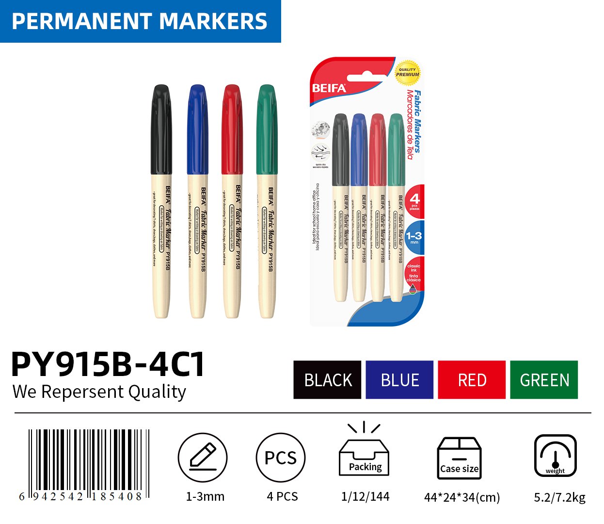 BEIFA PY915B Fabric Markers | 1-3mm Tip, Washable & Permanent on Cloth | Black, Blue, Red, Green, Yellow, Orange | Mix Bulk Ready to Ship