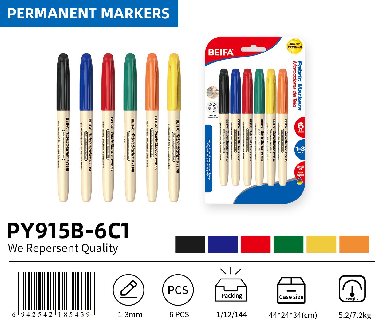 BEIFA PY915B Fabric Markers | 1-3mm Tip, Washable & Permanent on Cloth | Black, Blue, Red, Green, Yellow, Orange | Mix Bulk Ready to Ship