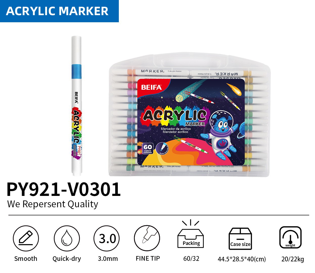 BEIFA PY921 Acrylic Marker Set | 3.0mm Fine Tip Paint Markers | Mix Bulk