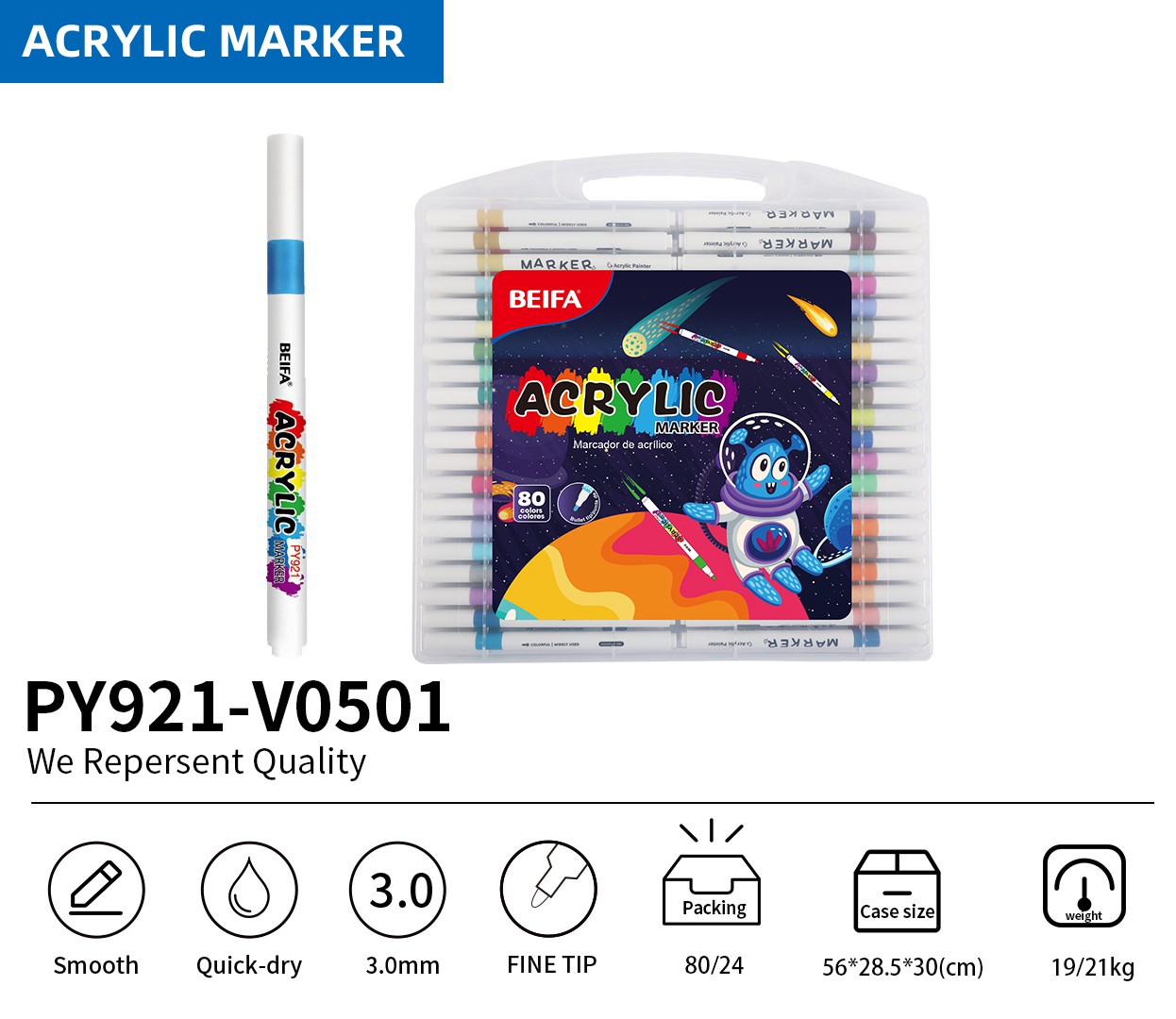 BEIFA PY921 Acrylic Marker Set | 3.0mm Fine Tip Paint Markers | Mix Bulk