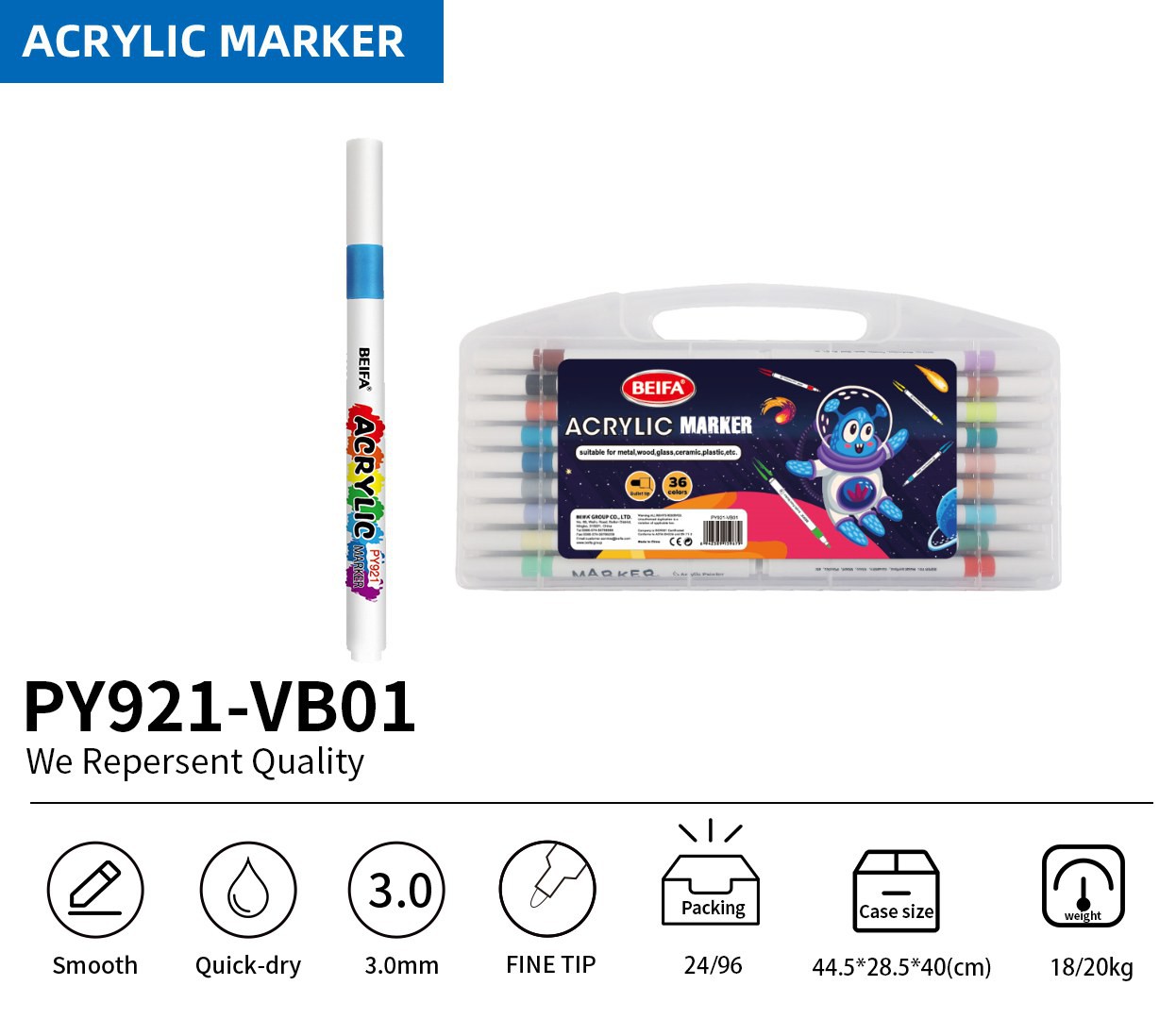 BEIFA PY921 Acrylic Marker Set | 3.0mm Fine Tip Paint Markers | Mix Bulk