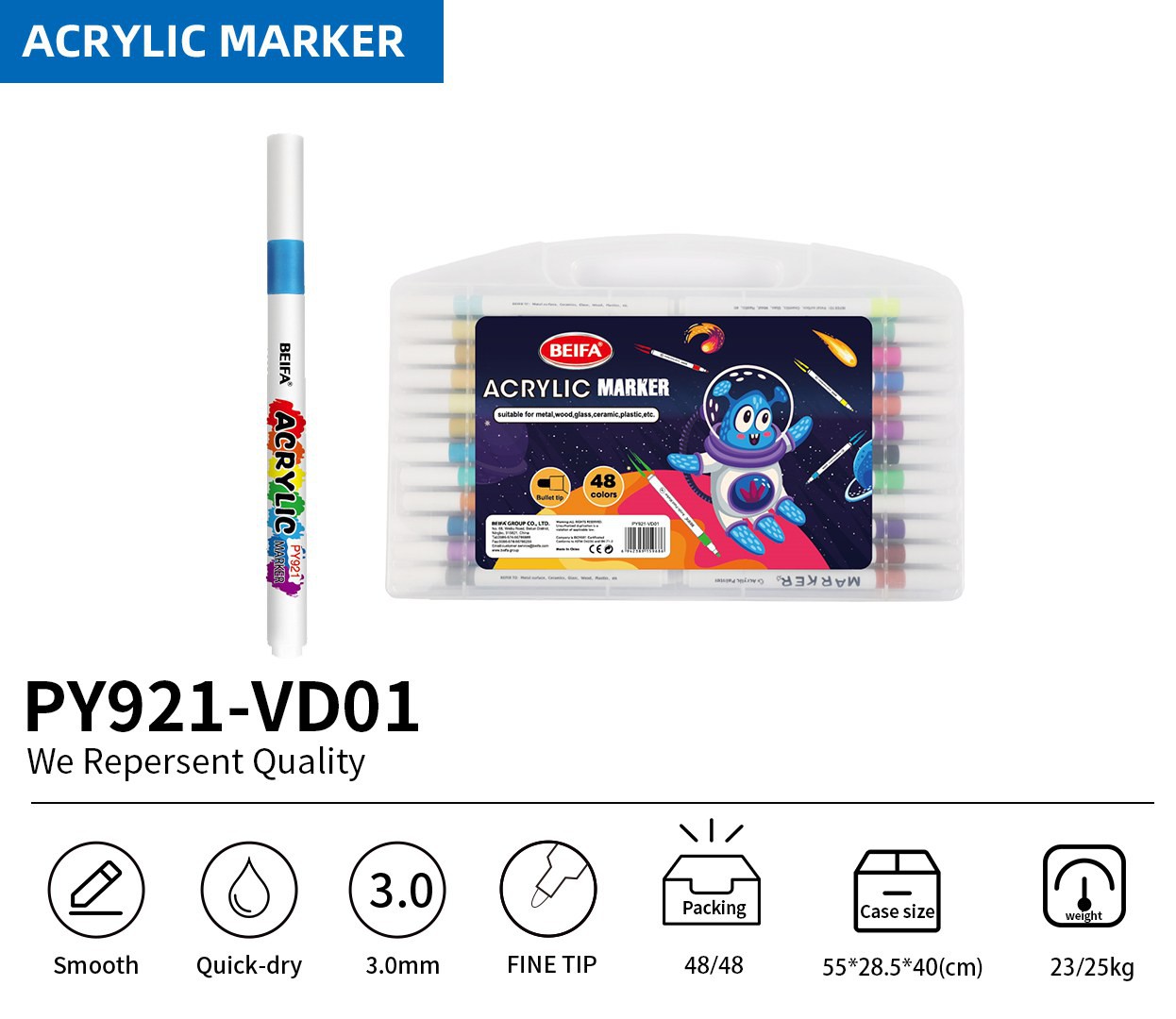BEIFA PY921 Acrylic Marker Set | 3.0mm Fine Tip Paint Markers | Mix Bulk