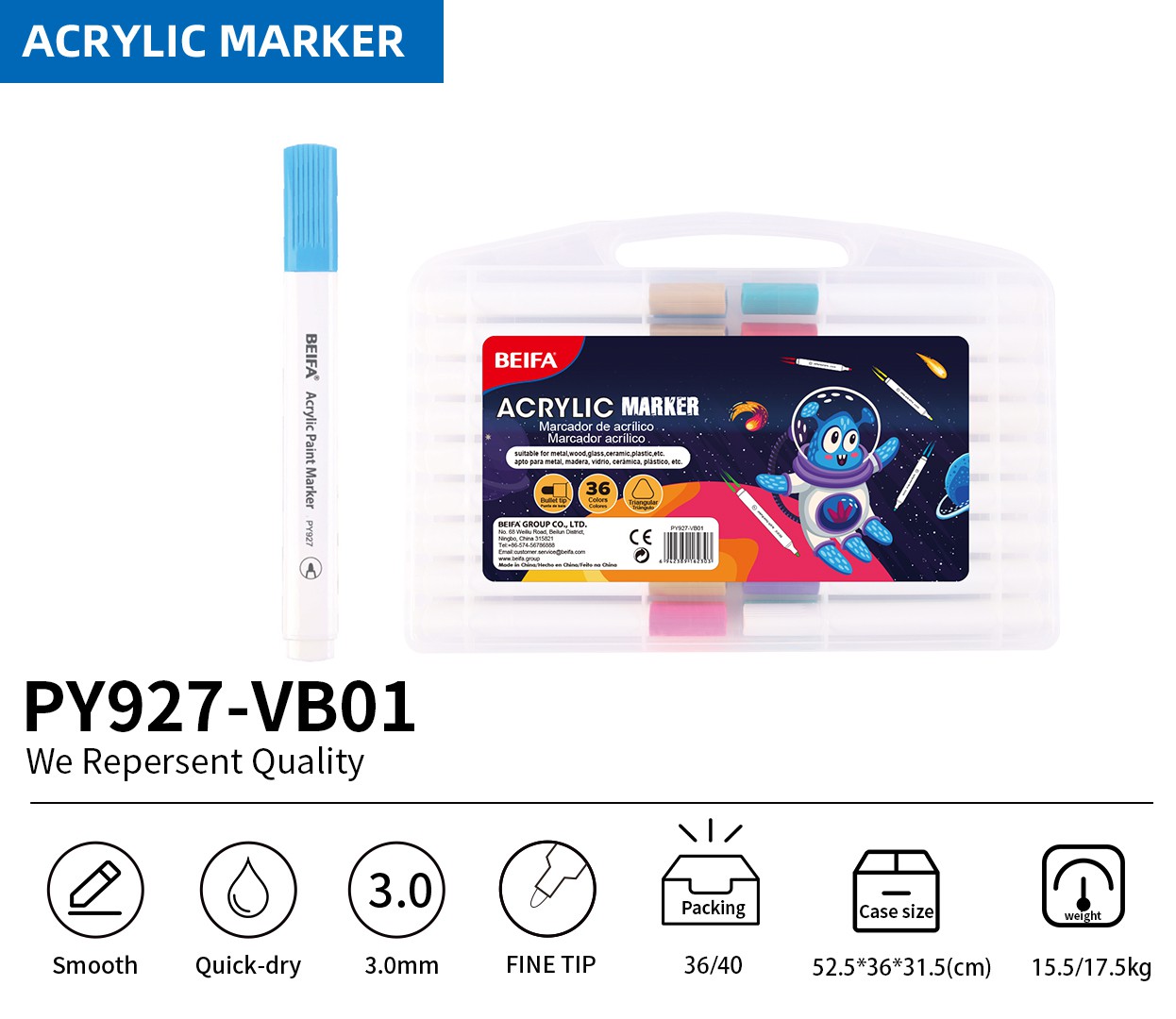 BEIFA PY927 Acrylic Marker Set 3.0mm Fine Tip Paint Pens Multi-Color Wholesale | Mix Bulk