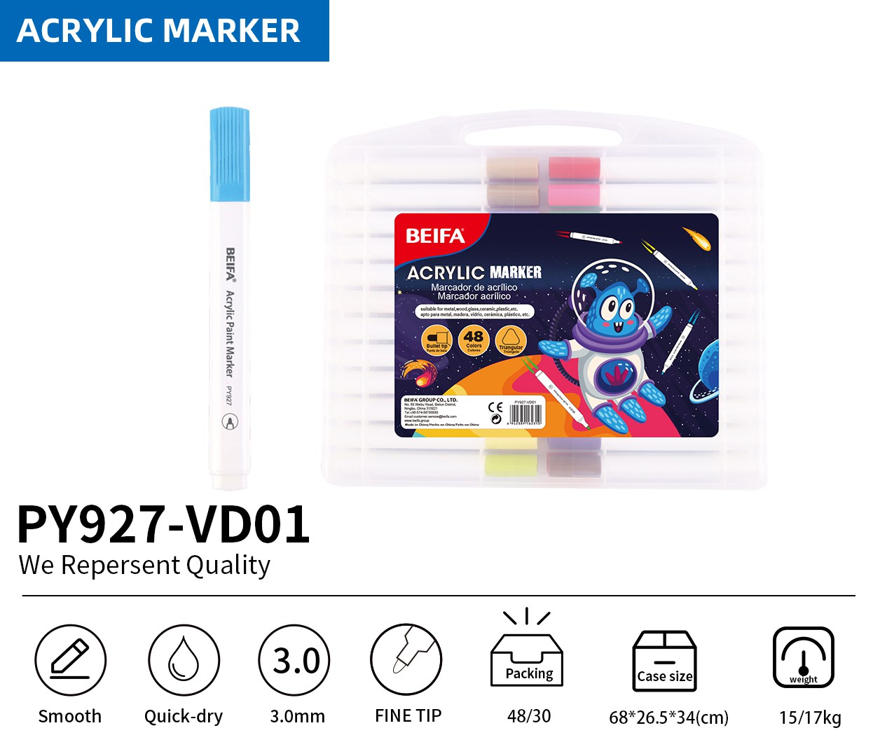 BEIFA PY927 Acrylic Marker Set 3.0mm Fine Tip Paint Pens Multi-Color Wholesale | Mix Bulk