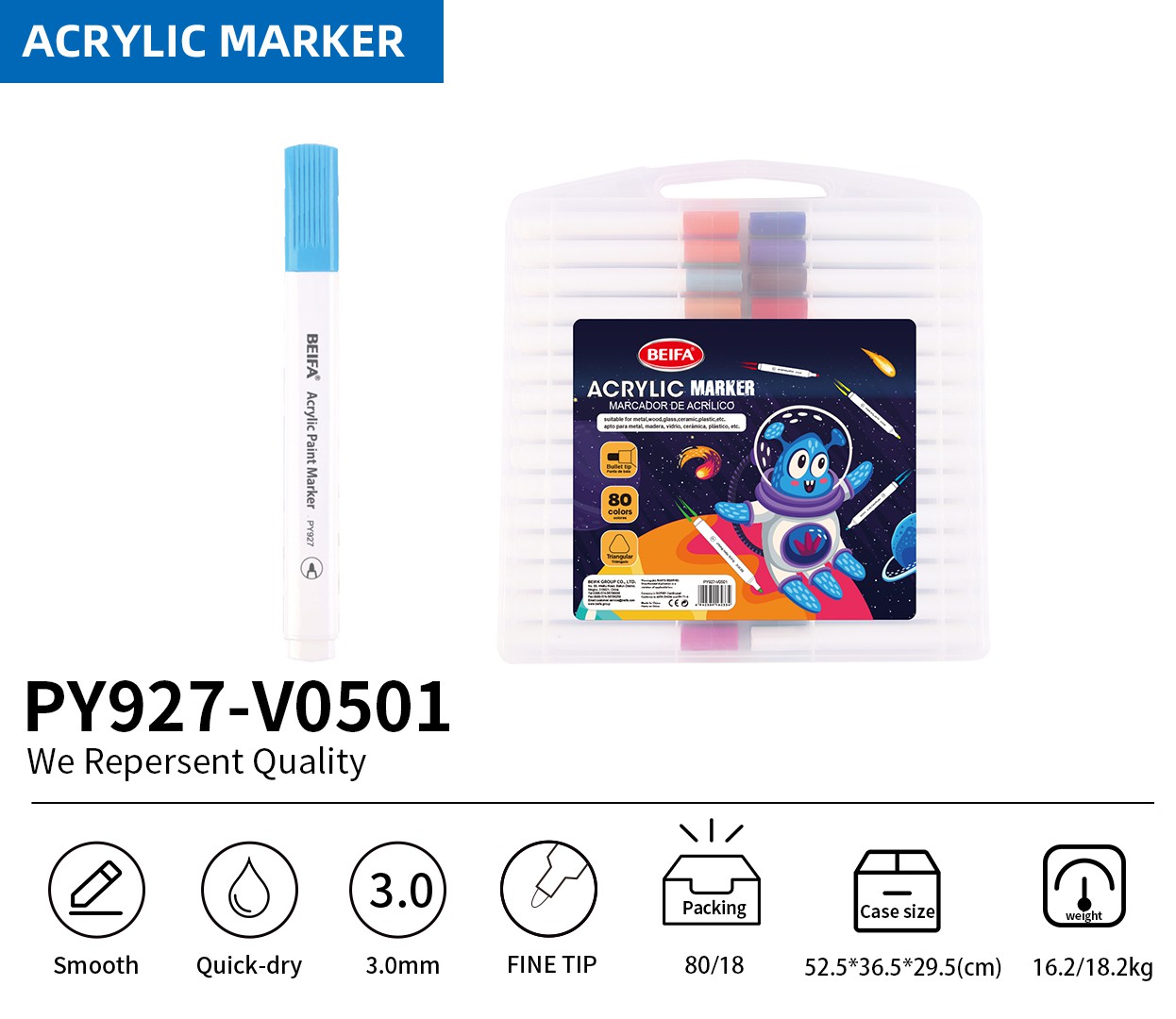 BEIFA PY927 Acrylic Marker Set 3.0mm Fine Tip Paint Pens Multi-Color Wholesale | Mix Bulk