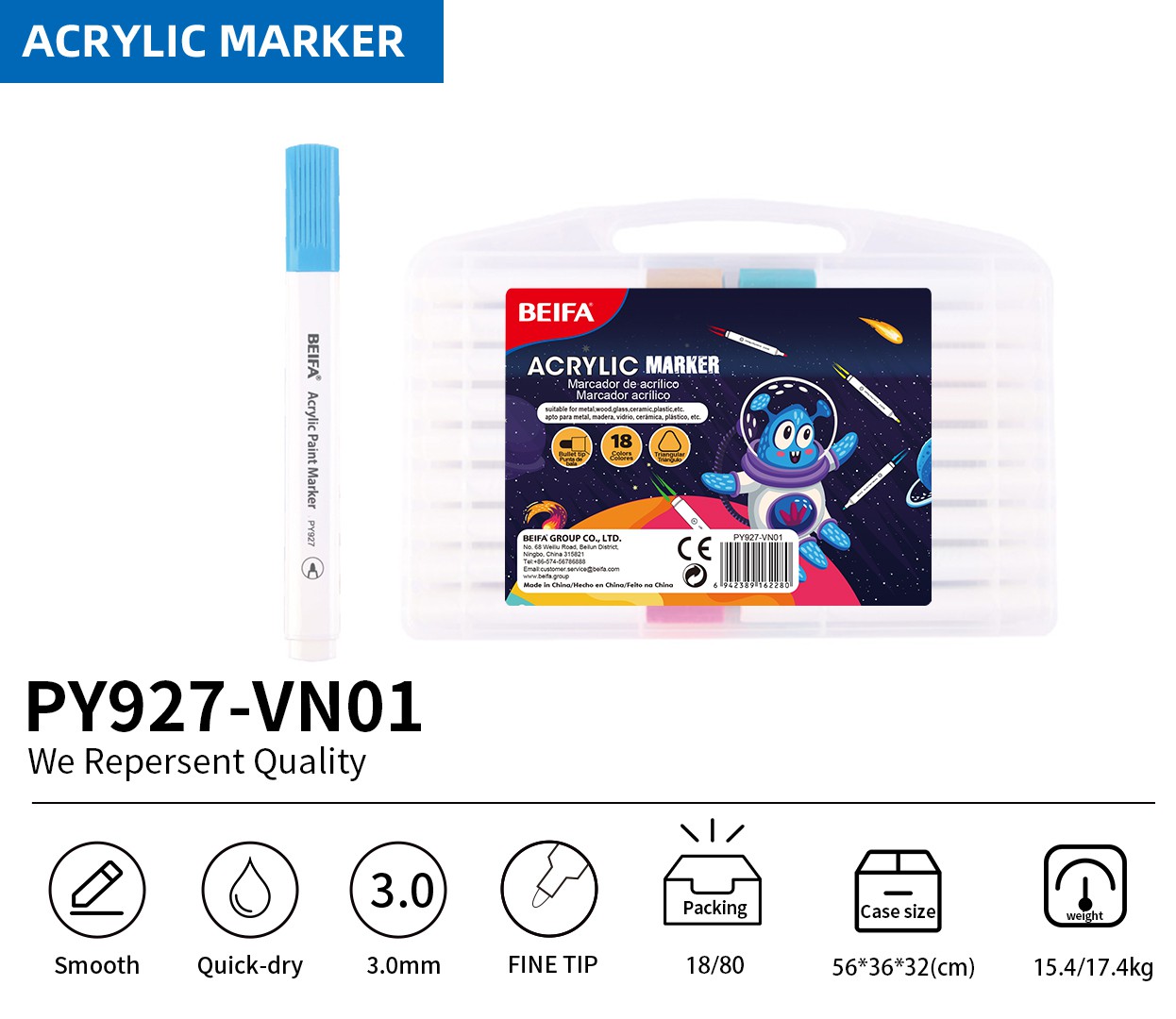 BEIFA PY927 Acrylic Marker Set 3.0mm Fine Tip Paint Pens Multi-Color Wholesale | Mix Bulk