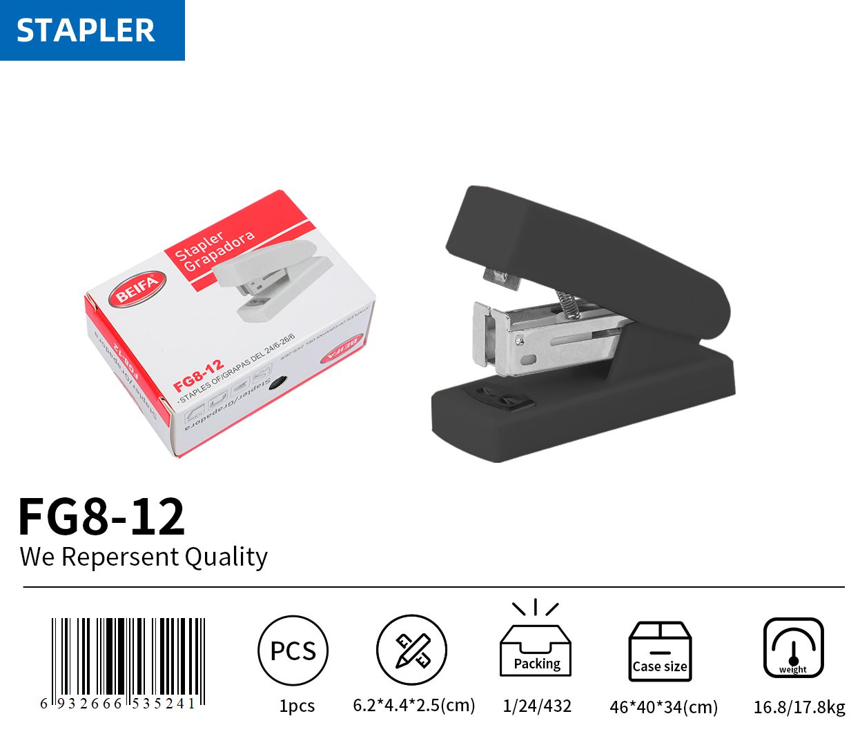 BEIFA FG8 Mini Stapler 24/6 26/6 | Compact Plastic Office Stapler Wholesale | Mix Bulk