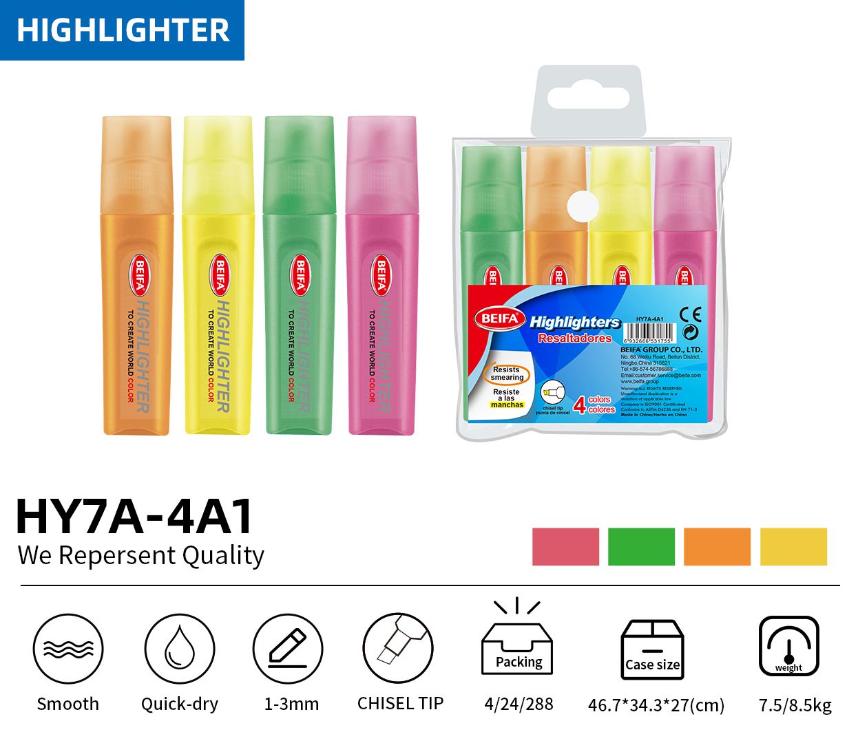 BEIFA HY7A Chisel Tip Highlighter Set 4 Colors Quick Dry Highlighter | Mix Bulk