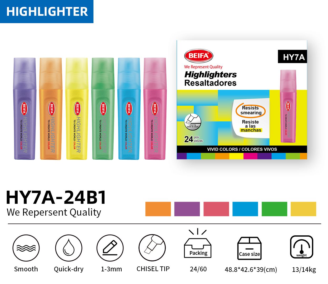 BEIFA HY7A Chisel Tip Highlighter Set 4 Colors Quick Dry Highlighter | Mix Bulk