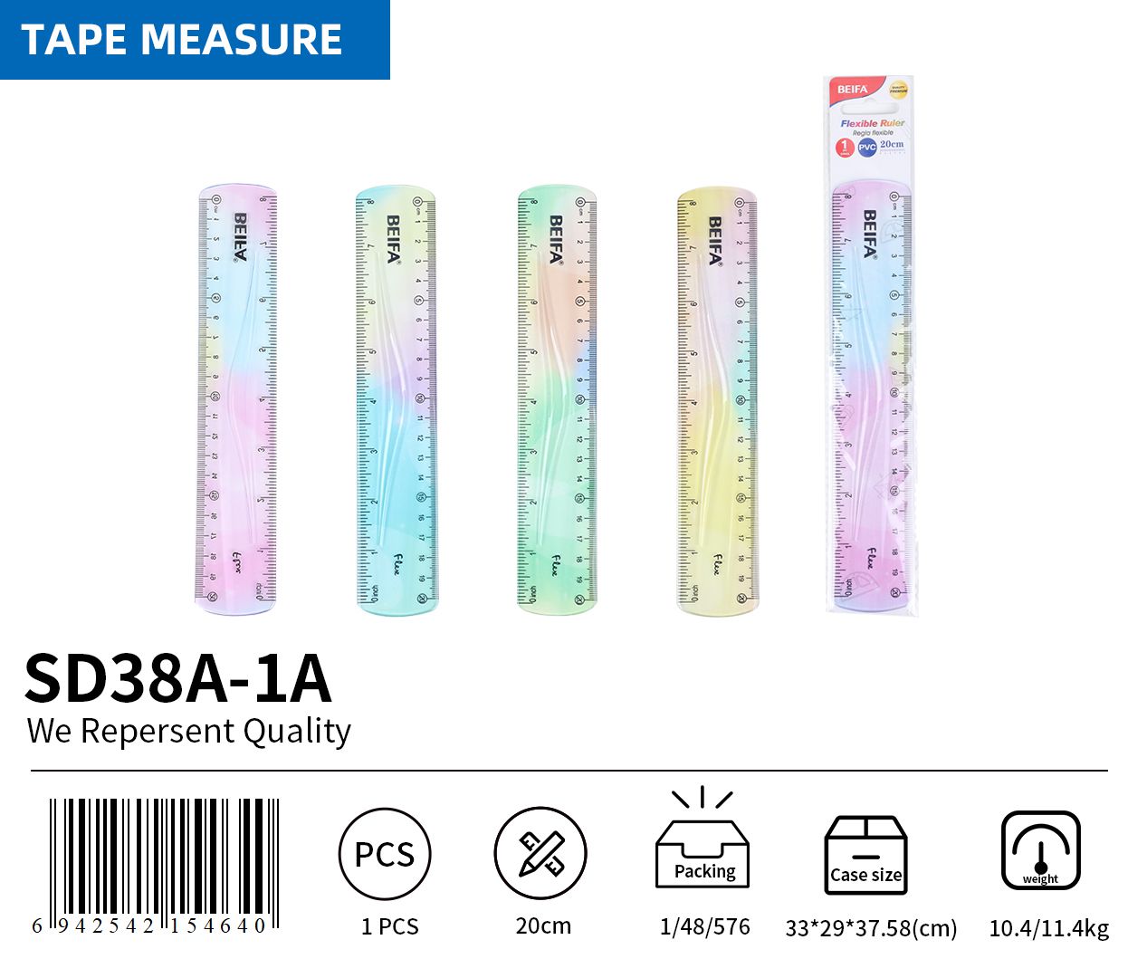 BEIFA SD38 Flexible Geometry Ruler Set | PVC Math Measuring Tools | Mix Bulk