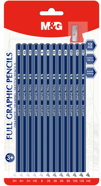M&G AWP357H5 graphic graphite pencil set 12pcs 6H-14B with Sharpener Wholesale